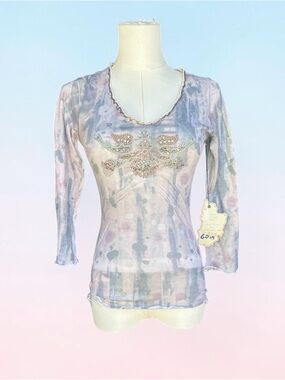 Sheer Embellished Long Sleeve Top in Pastel Tie-Dye